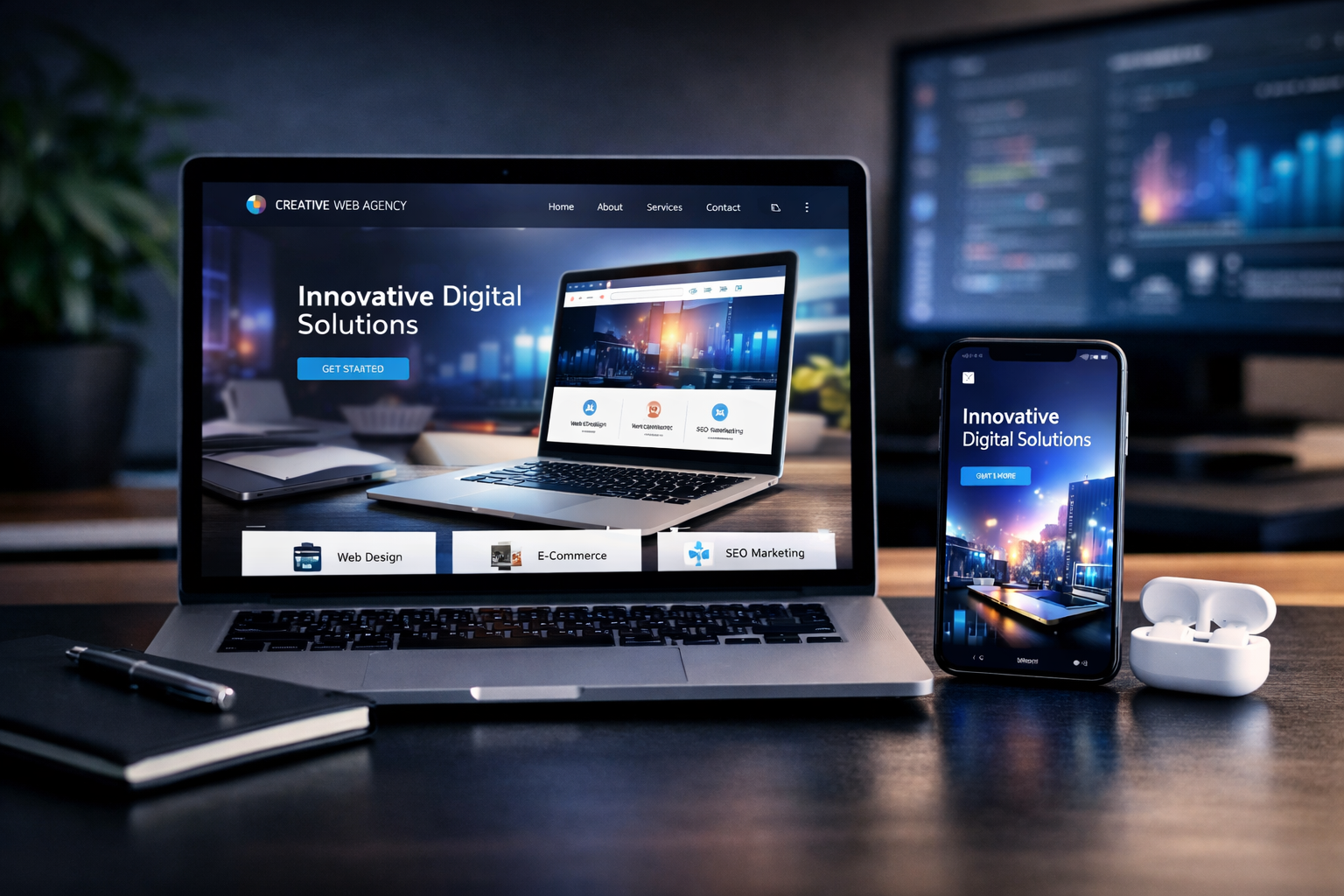 Modern digital workspace illustration showing technology and business systems